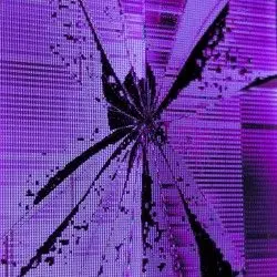 A hand reaching through purple glass